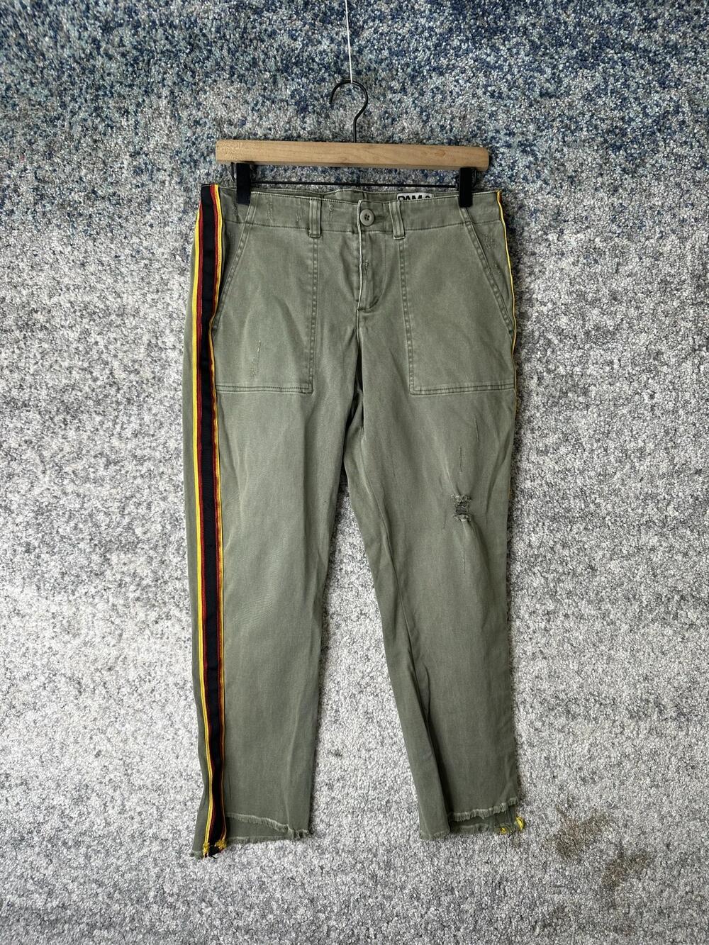 PAM & GELA Pants Womens 28 Green Twill Side Stripe Tapered Chino Raw Hem Casual